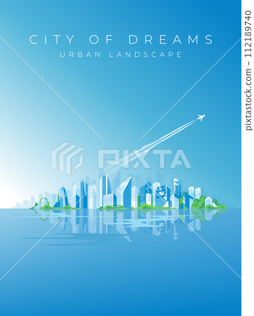 Skyscrapers of the metropolis panorama on the background of the endless blue sky without clouds. Water reflection. Airplane trail in the sky. Banner, wallpaper. Vector illustration 112189740