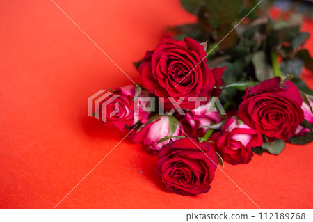 Red Roses Bouquet on Red Background. Valentines Day, Love, Romance. Copy Space. Top View. Red Roses Bouquet on Red Background. Valentines Day, Love, Romance. Copy Space. Top View. 112189768