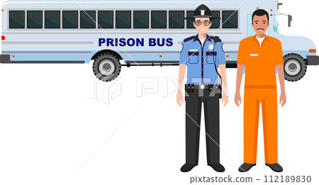 Standing American Policeman Sheriff Officer in Uniform and Prisoner Person in Traditional in Prison Clothes Character Icon in Flat Style. Vector Illustration. 112189830