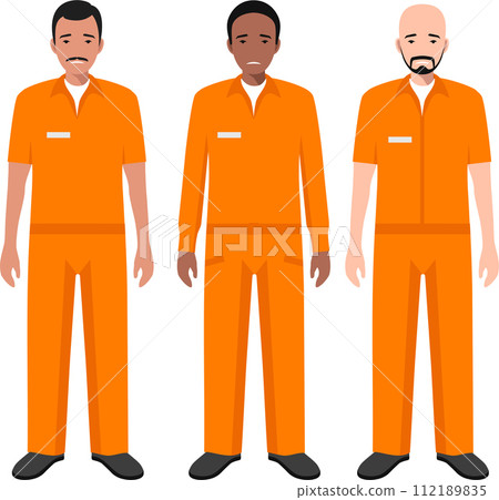 Group of Standing Prisoner Person in Traditional in Prison Clothes Character Icon in Flat Style. Vector Illustration 112189835