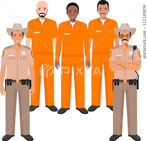 Standing American Policeman Sheriff Officer in Uniform and Prisoner Person in Traditional in Prison Clothes Character Icon in Flat Style. Vector Illustration. 112189836