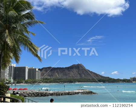 Sea, palm trees and diamond head 112190254