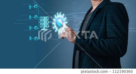 man touch screen to manage data,Document Management System (DMS),knowledge and documentation in enterprise with ERP.online documentation database and process automation to efficiently manage files. 112190360