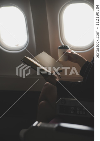 Blonde female tourist checking incoming notification on smartphone sitting on seat of airplane with netbook.Young businesswoman share media from telephone on laptop computer during plane flight 112190584