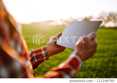 Tablet in the hands of a farmer. Smart farm. Farmer checking his crops on an agricultural field. 112190740