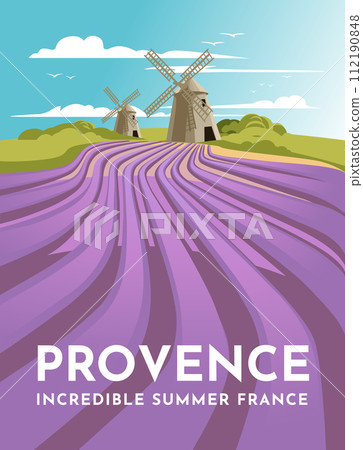 Provence lavender fields and windmills. Classic landscape of France. Tourism and travel. Poster design. Vector illustration. 112190848