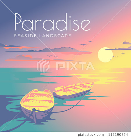 Sea sunset colorful landscape and two boats. Tourism and travel. Vacation in a tropical paradise. Vector illustration. 112190854