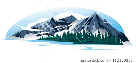 Mountains in the fog on the shore of the lake landscape. Coniferous forest. Calm water. Vector illustration 112190855