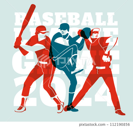 Baseball players in sports uniforms in various poses on the background of large text. Advertisement of matches, competitions, sports clubs. Vector flat illustration 112190856