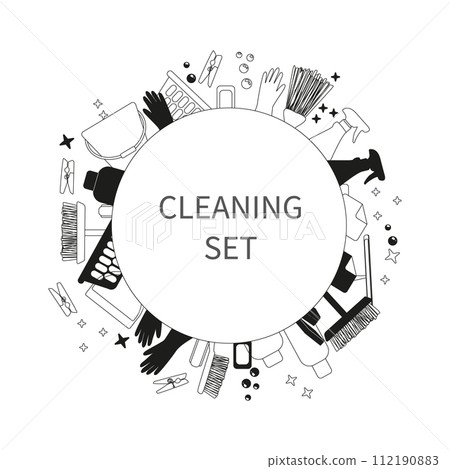 Set of icons for cleaning tools. House cleaning staff. 112190883