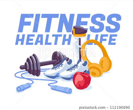 A set of objects for fitness and sports a nd gym. Sports shoes, water, jump rope, apple dumbbells, headphones. Vector flat illustration 112190890