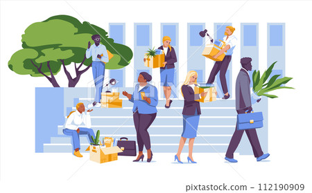 A crowd of various laid-off workers on the steps of a building. Holds boxes of papers with personal belongings. Business and work crisis concept. Vector flat illustration A crowd of various laid-off workers on the steps of a building. Holds boxes of papers with personal belongings. Business and work crisis concept. Vector flat illustration 112190909