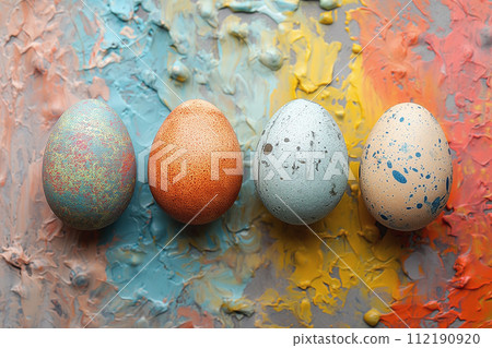 Group of colorful eggs on the table 112190920