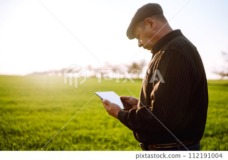 Farmer owner using touchpad for check wheat field at sunset. Farmer working with digital tablet. 112191004