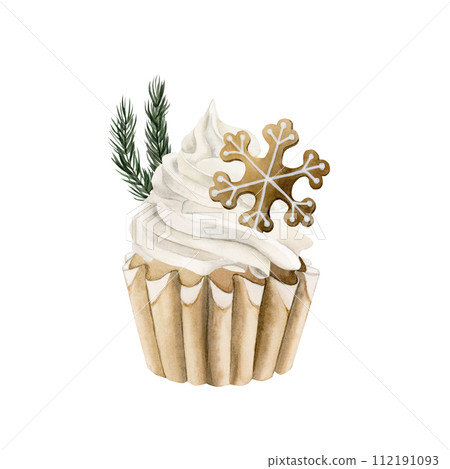 Cupcake with white cream, pine branch and gingerbread cookie. Composition. Watercolor illustration isolated on white background for bakery and confectionery or Christmas holiday design. Cupcake with white cream, pine branch and gingerbread cookie. Composition. Watercolor illustration isolated on white background for bakery and confectionery or Christmas holiday design. 112191093