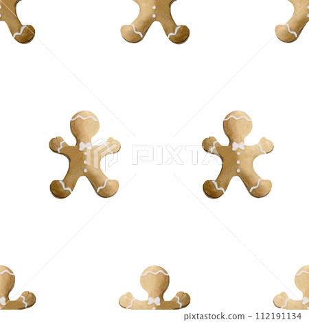 Watercolor seamless pattern with gingerbread cookies on white background. Christmas winter holiday design for fabric, textile, scrapbooking, wallpaper, wrapping papper, gift boxes, greeting cards, bac Watercolor seamless pattern with gingerbread cookies on white background. Christmas winter holiday design for fabric, textile, scrapbooking, wallpaper, wrapping papper, gift boxes, greeting cards, bac 112191134