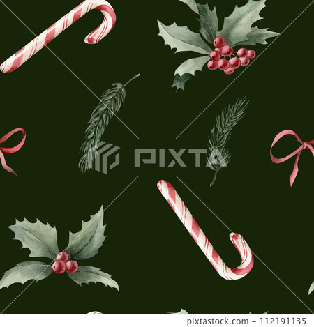 Watercolor seamless pattern with candy canes, holly, pine branches and red ribbon bow on dark green background. Christmas winter holiday design for fabric, textile, scrapbooking, wallpaper, wrapping p Watercolor seamless pattern with candy canes, holly, pine branches and red ribbon bow on dark green background. Christmas winter holiday design for fabric, textile, scrapbooking, wallpaper, wrapping p 112191135
