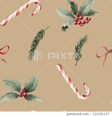 Watercolor seamless pattern with candy canes, holly, pine branches and red ribbon bow on beige background. Christmas winter holiday design for fabric, textile, scrapbooking, wallpaper, wrapping papper 112191137
