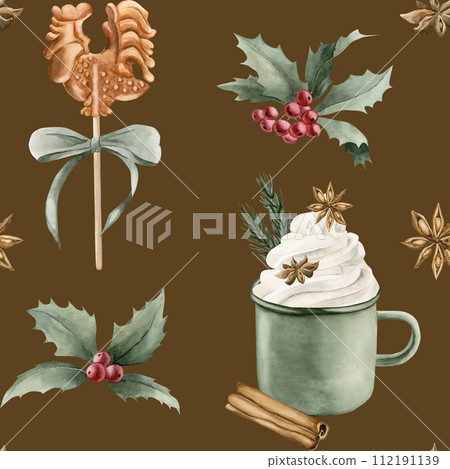 Watercolor seamless pattern with candy cock lollipop, green mug, cinnamon, anise, holly, pine branches and green ribbon bow on dark background. Christmas winter holiday design for fabric, textile, scr 112191139