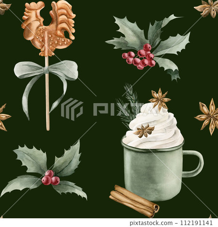 Watercolor seamless pattern with candy cock lollipop, green mug, cinnamon, anise, holly, pine branches and green ribbon bow on dark green background. Christmas winter holiday design for fabric, textil 112191141