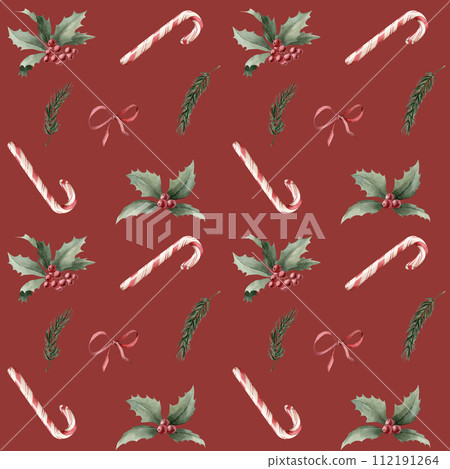 Watercolor seamless pattern with candy canes, holly, pine branches and red ribbon bow on red background. Christmas winter holiday design for fabric, textile, scrapbooking, wallpaper, wrapping papper,  112191264