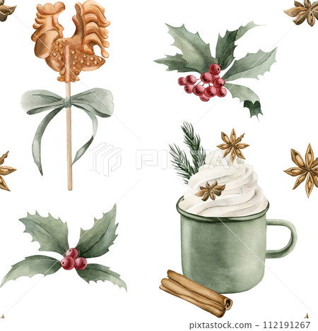 Watercolor seamless pattern with candy cock lollipop, green mug, cinnamon, anise, holly, pine branches and green ribbon bow on white background. Christmas winter holiday design for fabric, textile, sc Watercolor seamless pattern with candy cock lollipop, green mug, cinnamon, anise, holly, pine branches and green ribbon bow on white background. Christmas winter holiday design for fabric, textile, sc 112191267