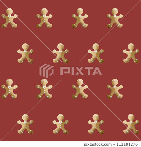 Watercolor seamless pattern with gingerbread cookies on red background. Christmas winter holiday design for fabric, textile, scrapbooking, wallpaper, wrapping papper, gift boxes, greeting cards, backg Watercolor seamless pattern with gingerbread cookies on red background. Christmas winter holiday design for fabric, textile, scrapbooking, wallpaper, wrapping papper, gift boxes, greeting cards, backg 112191270
