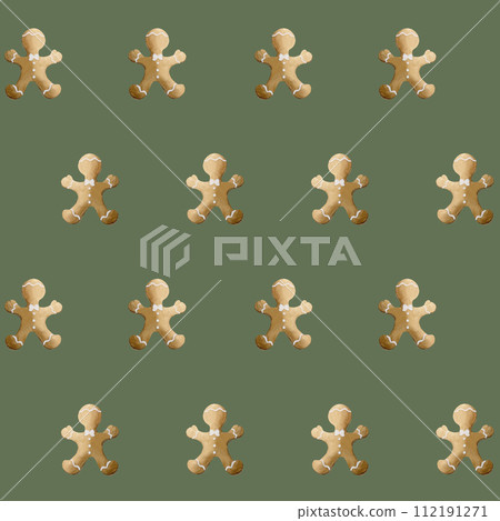 Watercolor seamless pattern with gingerbread cookies on green background. Christmas winter holiday design for fabric, textile, scrapbooking, wallpaper, wrapping papper, gift boxes, greeting cards, bac Watercolor seamless pattern with gingerbread cookies on green background. Christmas winter holiday design for fabric, textile, scrapbooking, wallpaper, wrapping papper, gift boxes, greeting cards, bac 112191271