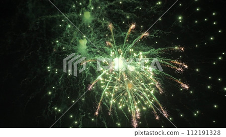 Fireworks explode leaving trails of shimmering stars in black sky at party. Colorful fireworks display with bursts of brilliant patterns in dark sky. Fireworks show at end of public holiday outdoors 112191328