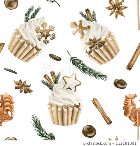 Watercolor seamless pattern with Christmas cupcakes with cinnamon, pine branches, star anise, gingerbread cookies on white background. Christmas winter holiday design for fabric, textile, scrapbooking Watercolor seamless pattern with Christmas cupcakes with cinnamon, pine branches, star anise, gingerbread cookies on white background. Christmas winter holiday design for fabric, textile, scrapbooking 112191381