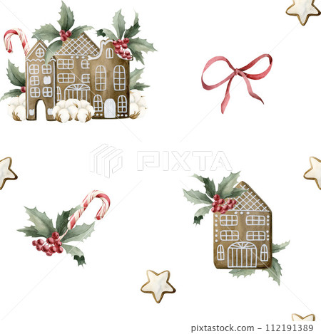 Watercolor seamless pattern with gingerbread cookies, candy canes, cotton, holly, pine branches and red ribbon bow on white background. Christmas winter holiday design for fabric, textile, scrapbookin 112191389