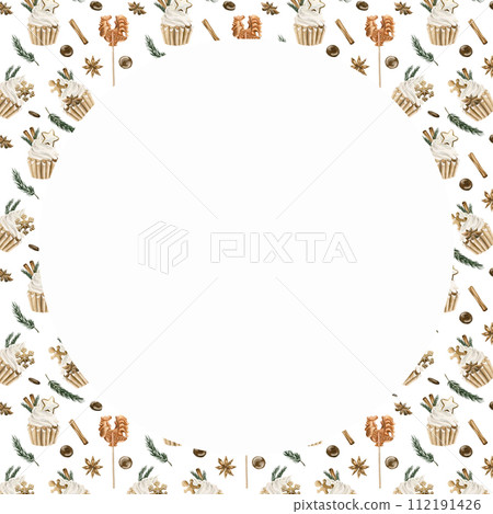 Frame with watercolor seamless pattern with Christmas cupcakes, cinnamon, pine branches, star anise, gingerbread cookies on white background. Christmas winter holiday design for fabric, textile, scrap 112191426