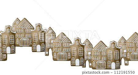 Gingerbread houses with white icing. Seamless hand painted watercolor illustration isolated on white background for winter holidays design, banner, poster, card, packaging, wallpaper, fabric, textile Gingerbread houses with white icing. Seamless hand painted watercolor illustration isolated on white background for winter holidays design, banner, poster, card, packaging, wallpaper, fabric, textile 112191550