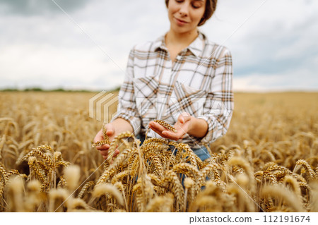 Young woman farmer walking across field and running her hand through golden ears of wheat harvest. Young woman farmer walking across field and running her hand through golden ears of wheat harvest. 112191674