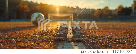 Intense focus on football player's feet and shoes, showcasing skill and precision on the grass field with space for text in afternoon sunlight. 112191724