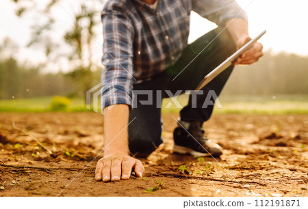 The farm owner's hand touches soil, checks quality of the soil before sowing. Ecology, technology. The farm owner's hand touches soil, checks quality of the soil before sowing. Ecology, technology. 112191871