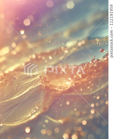 Transparent pink and blue liquid surface with golden glitter floating on it (AI generated image) 112191959