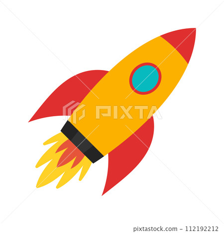 Flying rocket. Rocket ship launched to space. Business booster, start up, future, aim concept. 112192212