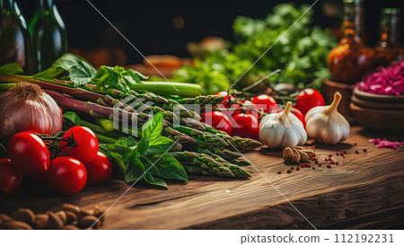 Fresh artichokes and organic vegetables on a rustic old wooden table. Vegan food concept 112192231