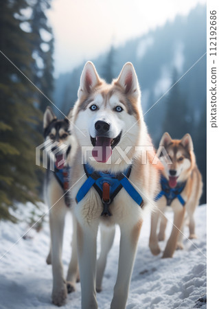 Huskies on snow, embodying winter teamwork. Generative Ai. Huskies on snow, embodying winter teamwork. Generative Ai. 112192686