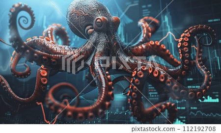 An octopus managing a business empire tentacles juggling Bitcoins and trade charts a master of cryptocurrency 112192708