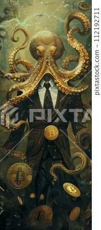 An octopus wearing a business suit trading Bitcoin with a flurry of tentacles a mogul of the sea and finance 112192711