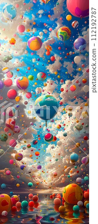 The awakening of a surreal festival scene where balloons in every color float creating a fantastical skyscape 112192787