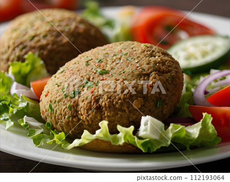 Falafel balls and fresh vegetables on the plate bread on wooden table 112193064