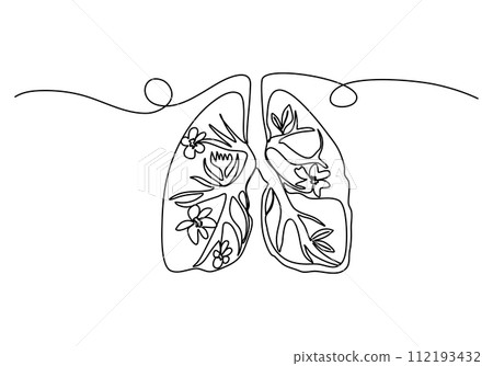 Lungs with flowers inside one line drawing vector illustration. 112193432