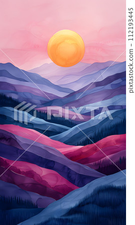 AI-generated content. A breathtaking painting capturing the vibrant colors of a sunset over a majestic mountain range, illustrating the beauty of nature and atmospheric phenomena 112193445