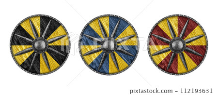 Old decorated wooden round shield isolated on white background 112193631