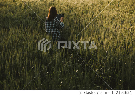 Smart farm. Farmer with tablet in the field. Agriculture, gardening or ecology concept. Harvesting. Agro business. Smart farm. Farmer with tablet in the field. Agriculture, gardening or ecology concept. Harvesting. Agro business. 112193634