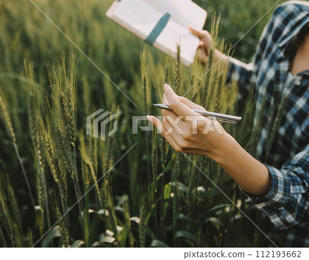 Smart farm. Farmer with tablet in the field. Agriculture, gardening or ecology concept. Harvesting. Agro business. 112193662