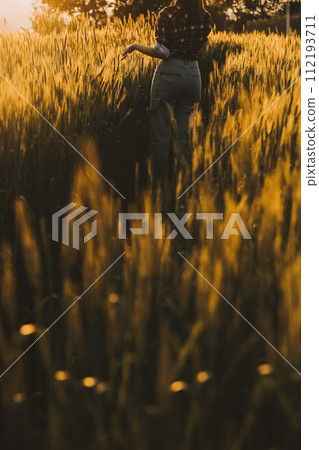 Young pretty woman in red summer dress and straw hat walking on yellow farm field with ripe golden wheat enjoying warm evening. Young pretty woman in red summer dress and straw hat walking on yellow farm field with ripe golden wheat enjoying warm evening. 112193711